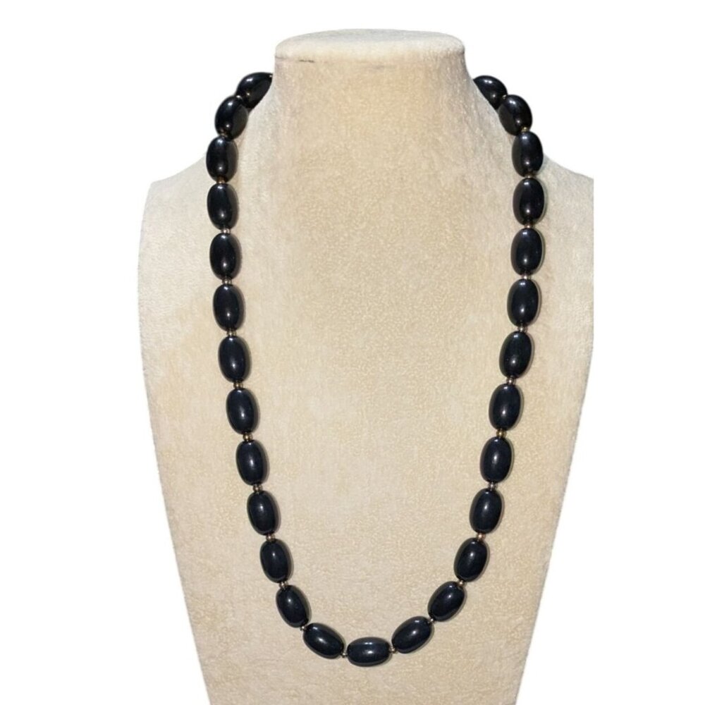 Vintage Black Beaded Necklace Gold-tone separator beads 24 Inches Elegant Oval